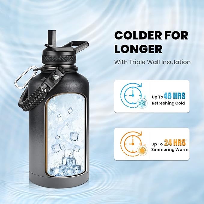 Insulated Water Bottle 64 oz, Triple Wall Vacuum Stainless Steel (Cold for 48 Hrs), Leak Proof & Non-BPA, Half Gallon Water Flask Jug with Paracord Handle & Straw Spout Lids, Dark Gray