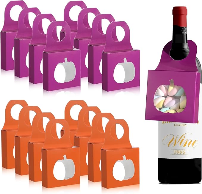 Megitzuu 30PCS Wine Bottle Box with Window, Kraft Paper Wine Boxes for Halloween Gifts Hanging Pumpkin Treat Box Mini Charcuterie Boxes Wine Bottles Gift Bags Goodies Candy Box Party Favor (Pumpkin)