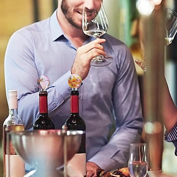 Murano Glass Wine Bottle Stopper with Mid Century Yellow Red Art Glass Ball, Reusable Wine Stoppers for Beverage Wine Saver, Decorative Bottle Stoppers for Gifts, Bar, Party, Wedding, Pack of 1