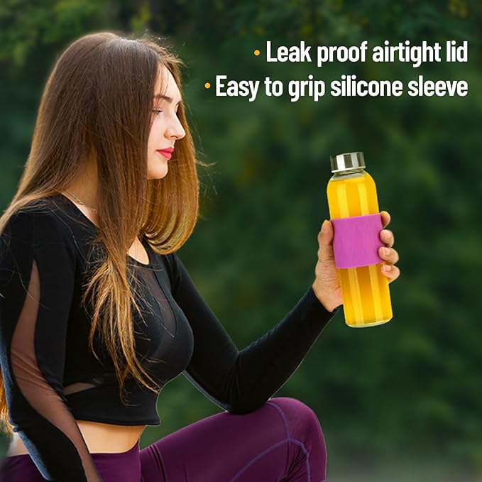 Clear Glass Water Bottles with Silicone Sleeve and Lids 18 oz, Reusable Glass Juice Bottles with Stainless Steel Airtight Cap for Juicing, Leak Proof Drinking Bottles, BPA Free, Set of 10