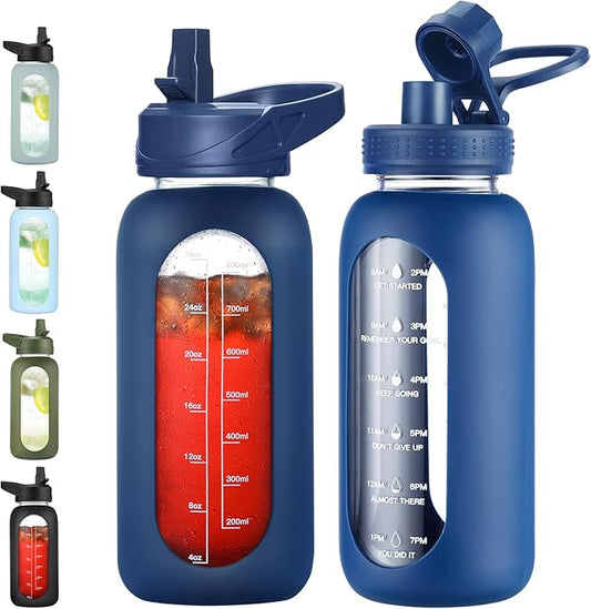32 oz Glass Water Bottle with Straw and Handle, Sports Motivational Water Flask with Silicone Sleeve, Large Leakproof Water Flask Cup with Time Marker for Travel, Gym, Navy