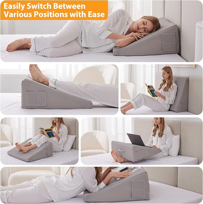 Bed Wedge Pillow for Sleeping, 12" Wedge Pillows for After Surgery, Soft Memory Foam Top, Triangle Pillow Wedge, Body Positioners for Leg Elevation, Acid Reflux, Gerd, Snoring Relief, Grey