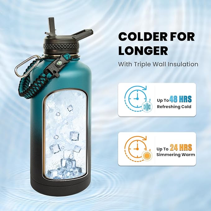 Insulated Water Bottle 87 oz, Triple Wall Vacuum Stainless Steel (Cold for 48 Hrs), Leak Proof & Non-BPA, Modern Water Flask Jug with Paracord Handle & Straw Spout Lids, Indigo/Black