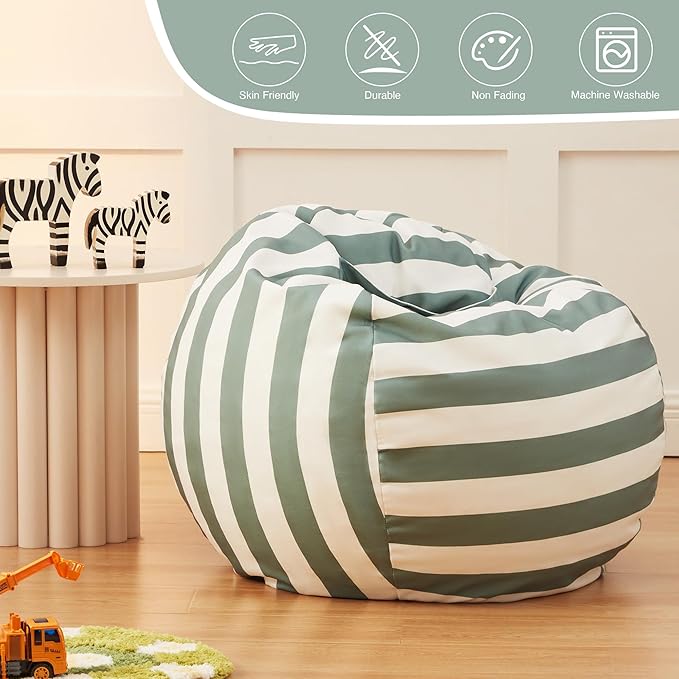 EXQ Home Kids Bean Bag Chairs Cover -Stuffed Animal Bean Bag Storage Green and White Stripes-Zipper Bean Bag for Organizing Children Plush Toys Holiday Gift for Girl,Boys