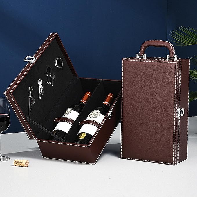 TANG SONG Leather Double Bottle Wine Gift Box with 4 Wine Accessories Wine Bottle Storage whit Locking Latch (Brown)