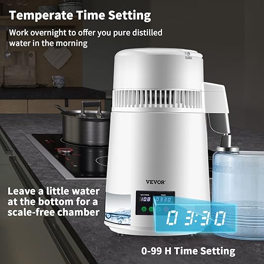 VEVOR 1.1Gal Water Distiller, 0.3Gal/H, Distilled Water Maker Machine 750W 0-99H Timing Set Temp Display, 304 Stainless Steel Countertop Distiller Plastic Carafe Cleaning Powder 3 Carbon Packs, White