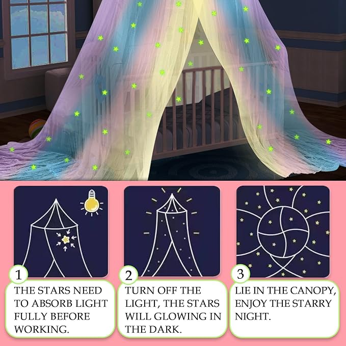 Daksha Rainbow Princess Bed Canopy for Girls with Glowing Stars, Room Decor, Bed Curtains, Ceiling Tent, Fits Twin, Full and Queen Size Beds