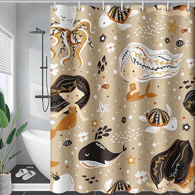 AILONEN Mermaid Shower Curtain,Octopus Whale Retro Mermaid Bath Curtain,Ocean Beach Polyester Waterproof for Bathroom,60" W*72" H with 12 Plastic Hooks