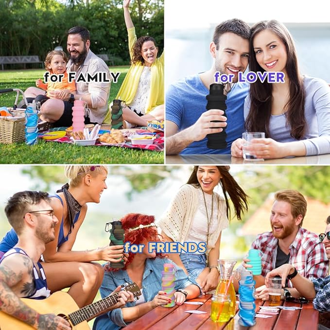 Collapsible water bottles 3 Pack with brush,BPA Free Travel Silicone Water Bottle with Carabiner,Reusable Foldable Portable Lightweight Sports bottles for Gym Camping Hiking (Black+Pink+Blue)