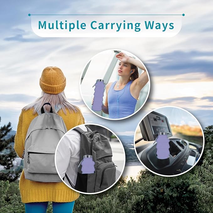 Collapsible Water Bottles 17oz, Odorless BPA-Free Silicone, Leak-Proof Foldable Reusable Bottle - Perfect for Travel Sports Gym Hiking Camping Cycling - Lavender