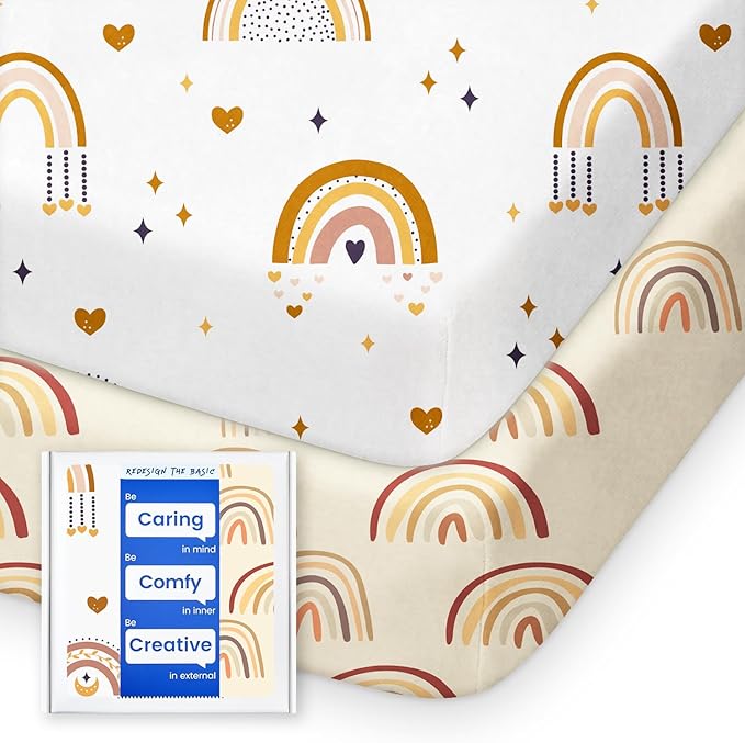 Pack N Play Sheets Fitted, TotBasic Ultra Soft Boho Rainbow Mini Crib Sheets, Premium Jersey Knit Pack and Play Sheets, Stretchy Neutral Play Yard Sheets for Pack and Play Mattress, 2 Pack