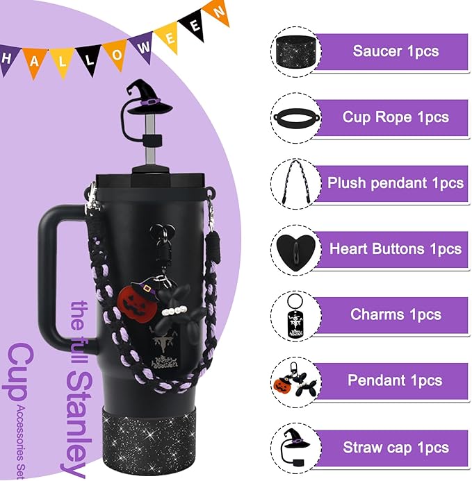 BELSITA Stanley Cup Accessories Set, Black Dog Chain Braided Design Water Bottle Handle Strap, Black Glitter Silicone Stanley Cup Boot, Stanley Charms for Stanley Cup 30/40oz Tumble(Halloween 1)