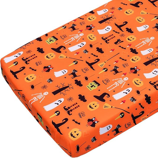 JISEN Baby Crib Sheet 1 Piece Portable Fitted Crib Sheet for Standard Crib and Toddler Mattresses Nursery Bed Decor for Boys Girls 28x52 Halloween Ghost