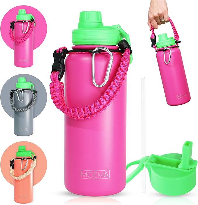 32oz Insulated Water Bottle with Paracord Handle and Straw, Stainless Steel Cup with 2 Lids & Straw, BPA-Free, Thermo Bottle Double Wall Vacuum Insulation, for Gym, Sports (Glamour Pink)