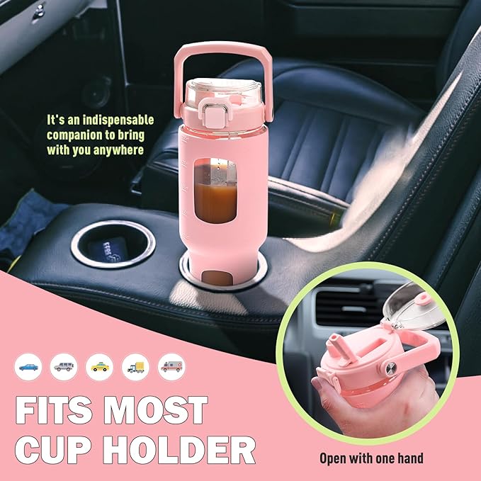 BLUEGO 32oz Glass Water Bottle with Handle and Straw|Leakproof Sports Glass Bottle with Time Marker and Silicone Sleeve|Glass Drinking Bottle for Travel, Gym, Workout, Pink