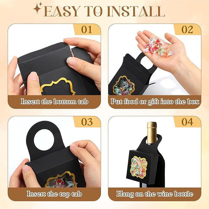 40PCS Wine Bottle Box with Window, Megitzuu Kraft Paper Wine Boxes for Gifts Hanging Wine Treat Box Mini Charcuterie Boxes Empty Champagne Bottles Gold Foil Gift Box Hanger Candy Box for Party (Black)