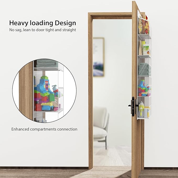Univivi Over The Door Organizer Hanging Storage, Closet Door Organizer Baby Storage with 5 Clear Plastic Pockets & 2 Big Metal Hooks & Sticker for Cosmetics, Bathroom, Nursery and Sundries