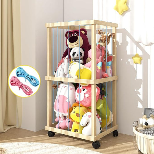 Stuffed Animal Zoo Storage Cage 35" Wood Large Stuffed Animal Storage Basket, PatioDeco Toy Storage for Big Small Stuffed Animals, Large Toy Organizer Holder for Kids Girls Boys
