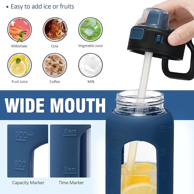 Kodrine 32 oz Glass Water Bottle with Soft Silicone Spout, Locking Lid, and Carry Loop, Navy Blue