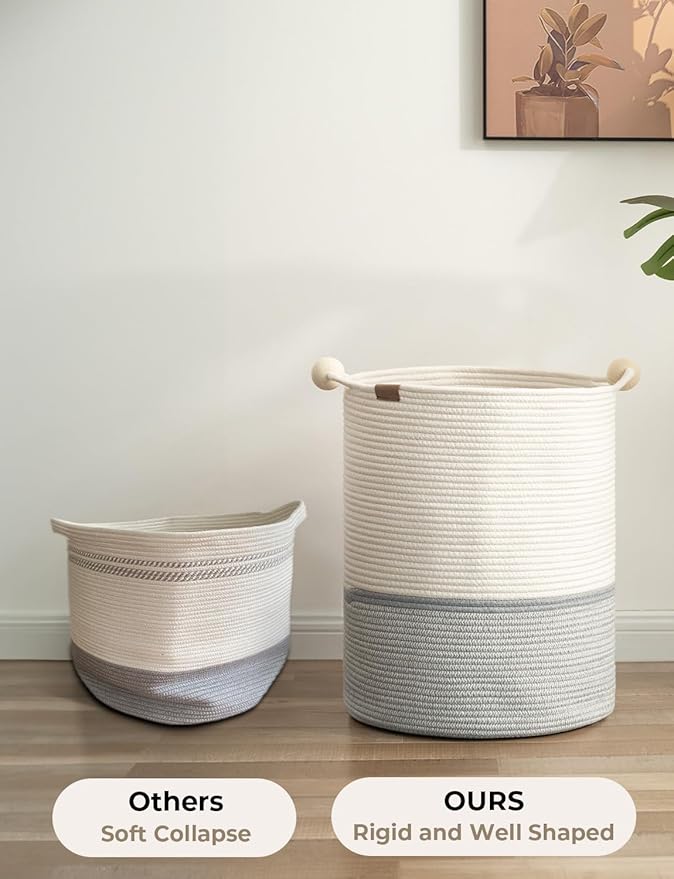 StorageWorks 58L Cotton Rope Laundry Basket with Wooden Beads Handles, Woven Basket for Storage, Dirty Clothes, Kids Toys, Towels, White & Grey