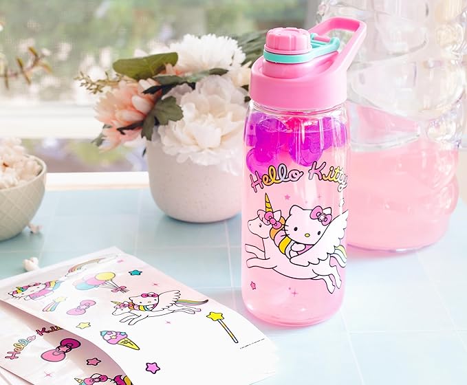 Sanrio Hello Kitty Unicorn Twist Spout Plastic Water Bottle Jug and Sticker Set For Personalizing | Holds 20 Ounces