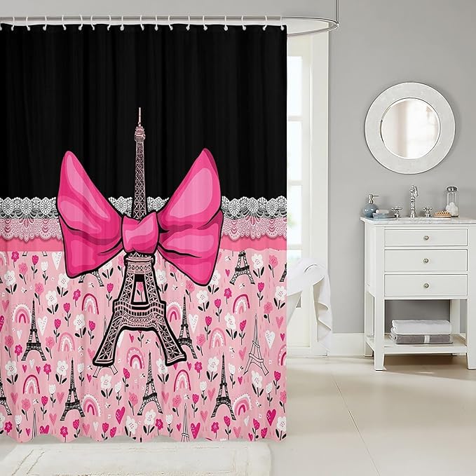 Feelyou Eiffel Tower Shower Curtain 72"x78" Kids Romantic Paris Bowknot Bathroom Shower Curtain Set for Boys Girls Teens Black Pink Bath Curtain Modern French Bathroom Accessories