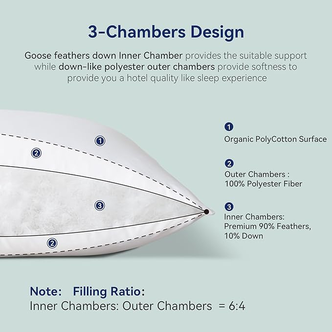 Goose Feather Down Pillows King Size Set of 2 - Luxury Soft Feather Down Pillow for Sleeping - Hotel Quality Bed Pillows - Wrapped in Polyester (Solid White, 20x36 Inches)