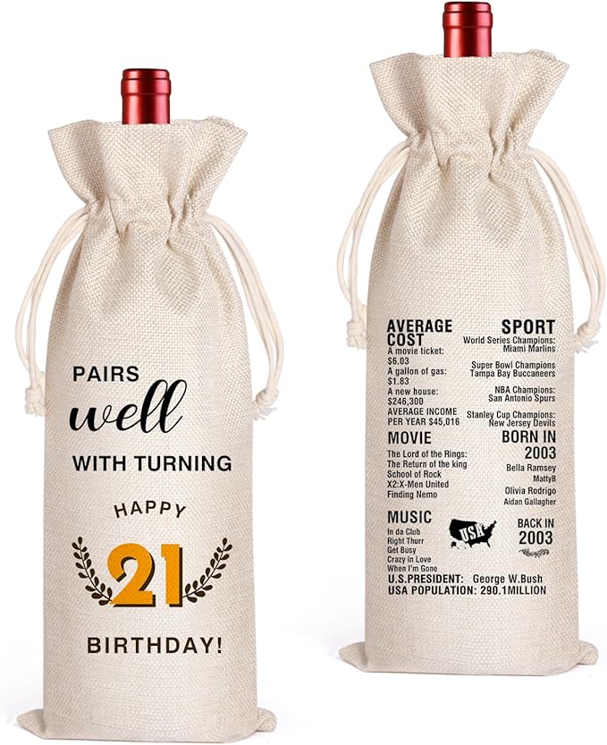 LANBAIHE 21st Birthday Gifts for Her,21st Birthday Gift for Women Men, 21 Years Old Birthday Gifts Wine Bag, 21st Birthday Decorations Party Supplies- 2003 Birthday (21 BIRTHDAY)