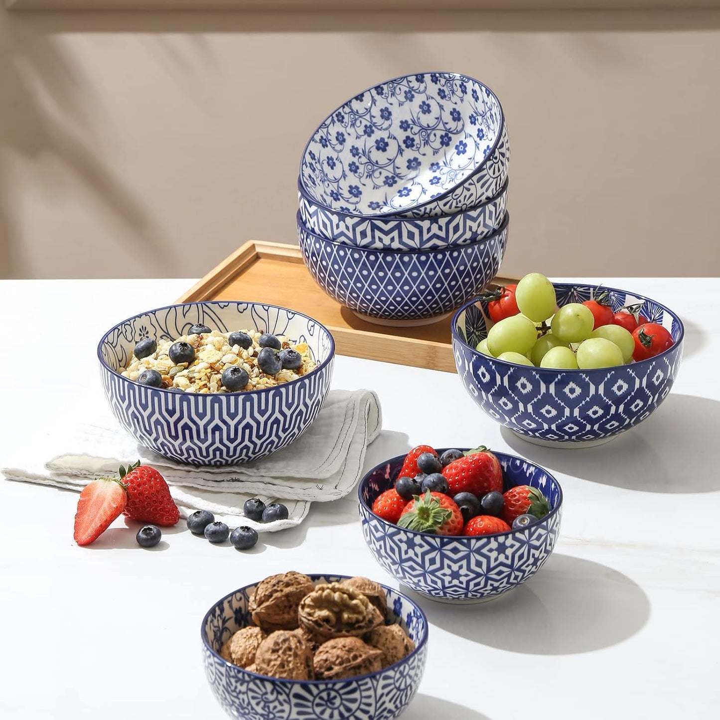 Selamica Ceramic Cereal Bowls Set of 6, 24 Oz Deep Soup Bowls for Kitchen, 5.9 Inch Porcelain Dessert Bowls for Salad, Pasta, Oatmeal, Ramen, Microwave Dishwasher Safe, Set of 6, Vintage Blue