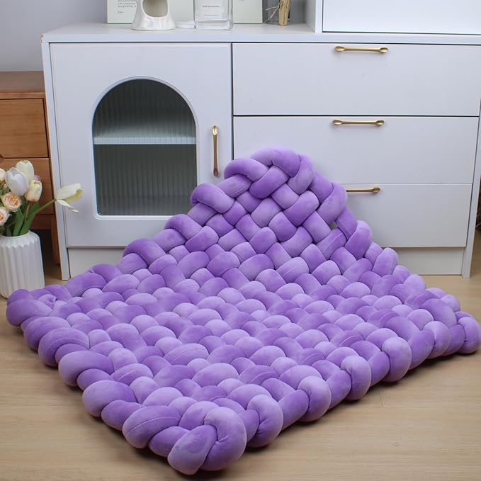 XHJRI Thickened Braided Knot Seat Mat, Knotted Floor Decorative Cushion, Handmade Baby Infant Playing Pad Nursery Rug (27.5 * 31.5 Inch,Dark Purple)