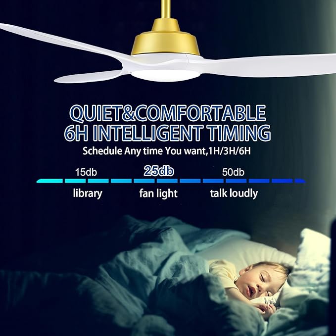 Sevenine Ceiling Fan with Light,White Gold Ceiling Fan,3 Blades,Downrod,6 Speed Adjustable,Dimmable LED,3 Timers,Reversible DC Motor, for Patio Living Room Bedroom Dining Room (White Gold, 52)