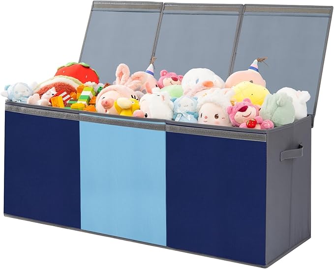 Large Toy Box Chest with Lid, Oxford Collapsible Sturdy Toy Storage Boxes Bins Baskets for Boys, Girls, Closet, Playroom, Nursery Room, 39"x15.5"x13" (Light Blue & Dark Blue)