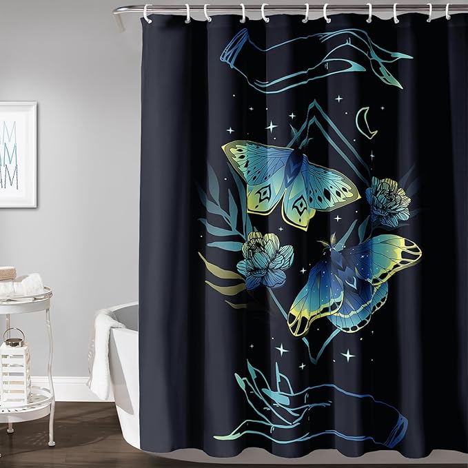 AILONEN Blue Moth Shower Curtain,Flora Death Moth Bath Curtain for Bathroom Decor,Polyester Waterproof with Plastic Hooks 36" W*72" H