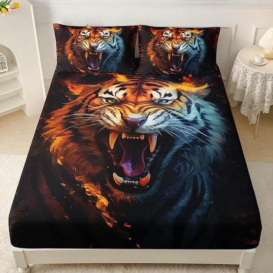 AILONEN Tiger Fitted Sheet Set Queen Size for Boys, Safari Tiger Bed Sheet Set for Kids Teen,3 Pieces Wildlife Bedding Flame Animal Tiger Print Fitted Sheet with 2 Pillowcases