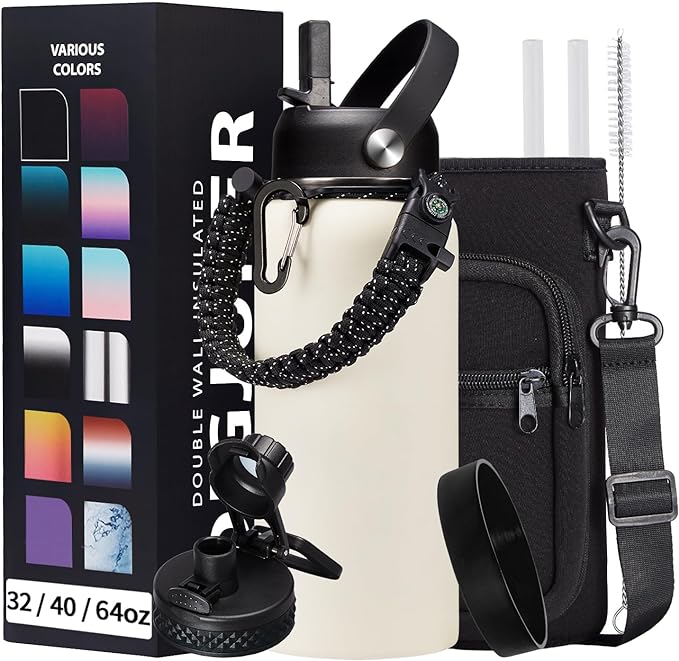 Insulated Water Bottle - 32oz 40oz 64oz Water Bottles with Straw & Spout Lids, Carrier Bag, Paracord Handle and Flask Boot, Reusable Stainless Steel Water Bottle, Metal Canteen Mug for Work Sports