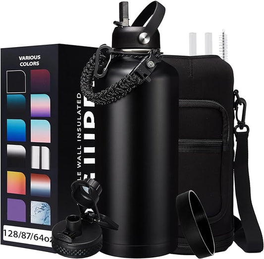 87oz 128oz Insulated Water Bottles - Keep Cold-48h Hot-24h Gallon Water Bottle with Straw, Vacuum Stainless Steel Water Flask Leak Proof, Metal Large Water Jug with Carrier Sleeve, Paracord Handle