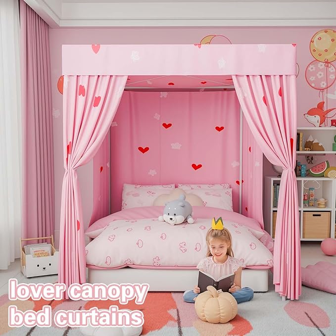 Love Canopy Bed Curtains - 4 Corner Post Bed Curtains Canopy Twin Bed Canopy Curtains for Children Girls Bedroom Decoration(Love, Twin)