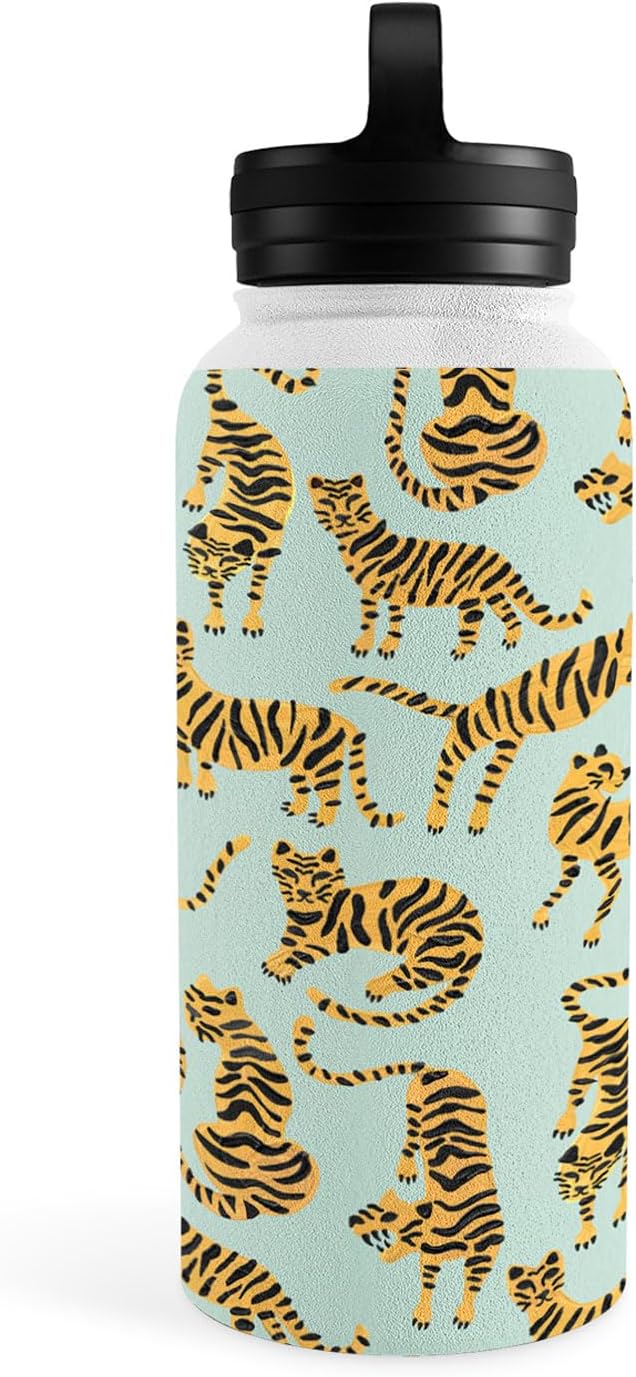 Deny Designs Water Bottle, Handle Lid 32 oz, Cat Coquillette Tiger Collection Mint Orange