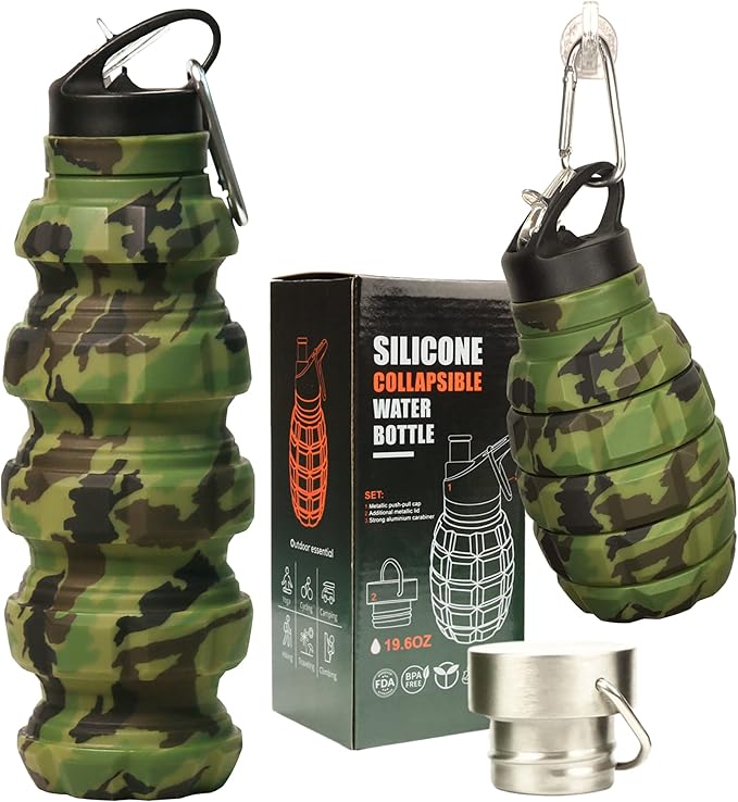 Collapsible Water Bottle 19.6oz/580ml (Woodland Camo) - 2 Lids, Carabiner, Gift Box - Leak Proof Silicone Gym Water Bottles Army - Military Veterans Day Gifts for Him - Hiking & Camping Accessories