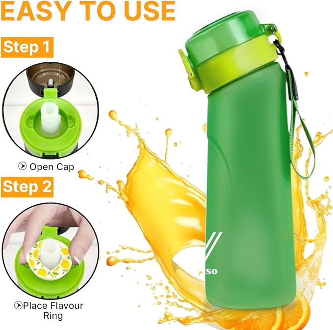 Water Bottle,650 ml scent water bottle with 5 flavor pods,Leak proof and BPA-free sports air water bottle with straw,suitable for outdoor sports,0 sugar,0 calorie,Ideal gift (green)