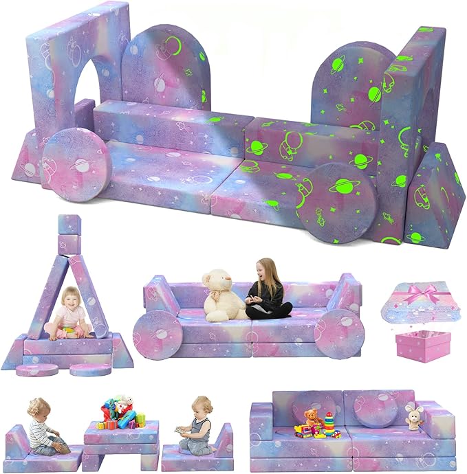 Kids Couch, 12PCS Modular Kids Play Couch with Blanket, Kids Sofa Couch with Glow Effects for Playroom & Indoor, Convertible Toddler Couch for Girls and Boys