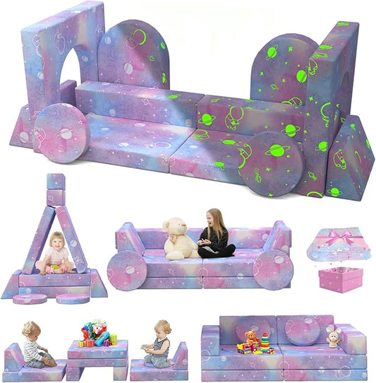 Kids Couch, 12PCS Modular Kids Play Couch with Blanket, Kids Sofa Couch with Glow Effects for Playroom & Indoor, Convertible Toddler Couch for Girls and Boys