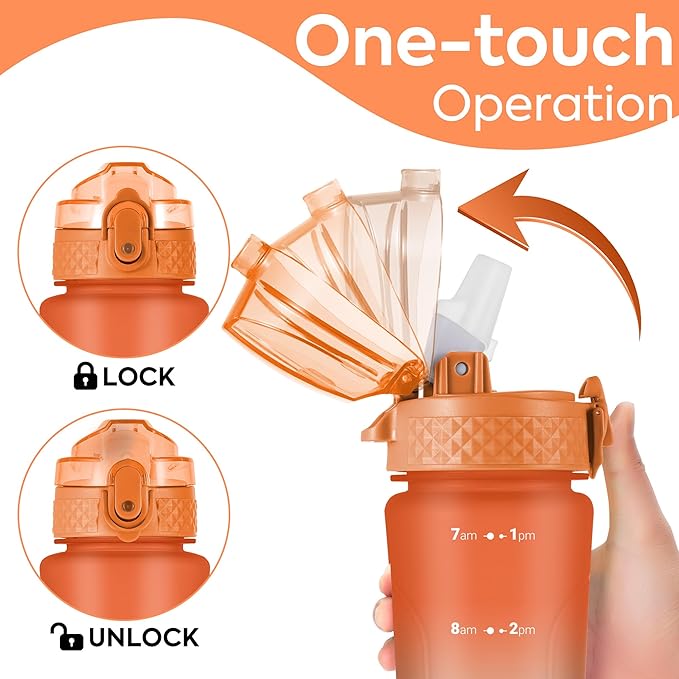 OLDLEY Kids Water Bottle with Straw 15 oz Motivational Water Bottles with Time Marker for School Travel, Spill Proof Sports Water Bottle for Girls Boys,1 Straw Lid,Orange/Green