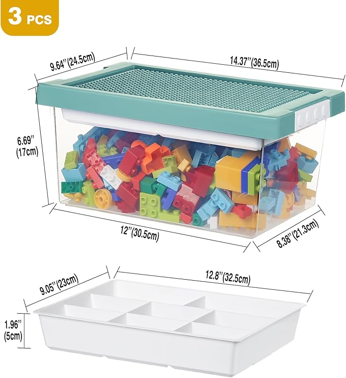 loobuu Plastic Storage Bins with Lids - 3 Set Stackable Arts Crafts Organizer Box with Removable Divided Tray & Compatible Building Baseplate, Toy Chest Containers for Bricks (14.37"x9.64"x6.69")