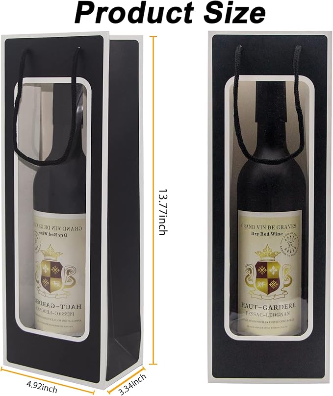 WAKAKO 12 Pcs Wine Gift Bags for Wine Bottles, Reusable Clear Window Wine Bottle Bags Bulk with Handles for Weddings, Valentine's Day, Birthday, Party, Graduations, Thanksgiving (Black)