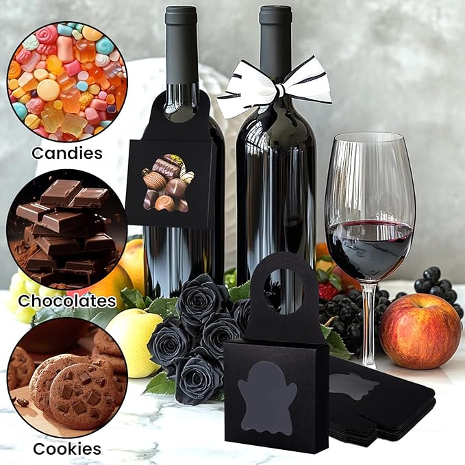 Megitzuu 30PCS Wine Bottle Box with Window, Kraft Paper Wine Boxes for Halloween Gifts Hanging Pumpkin Treat Box Mini Charcuterie Boxes Wine Bottles Gift Bags Goodies Candy Box Party Favor (Black)