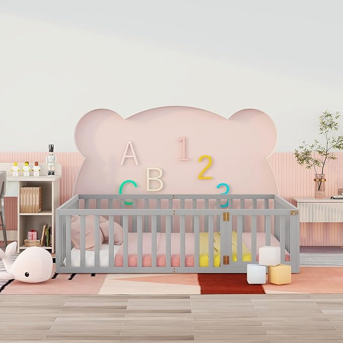 Queen Size Floor Bedframe with Door and Safety Guardrails Fence, Solid Wooden Toddler Montessori Platform Bed for Children Bedroom, Boys Girls, Kids Playroom