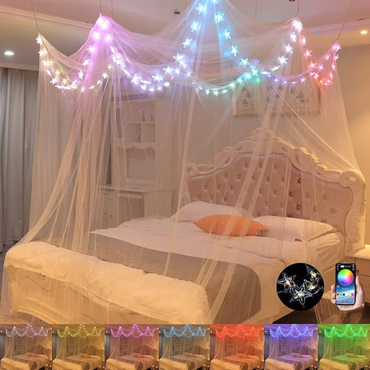 Bed Canopy with LED Star Lights, Canopy Bed Curtain with RGB Color Changing String Lights with Smart App Control Remote for Princess Girls Bedroom, Suggested for Twin Full Queen King Bed
