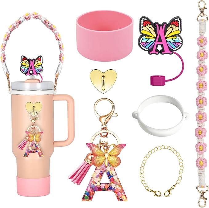 Stanley Cup Accessories Include Silicone Stanley Straw Cover, Butterfly Letter KeyChain Charms, Water Bottle Handle Strap, Boot and Chain for Stanley Cup 30oz 40oz Tumbler