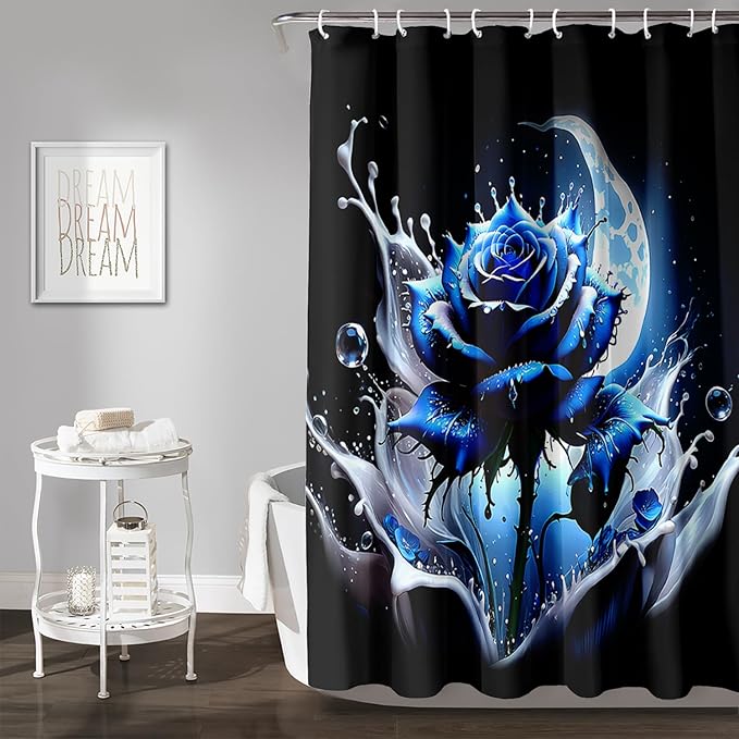 AILONEN 3D Rose Shower Curtain for Bathroom, Evening Moon Blue Rose Bath Curtain for Girls Women, Modern Floral Print Minimalism Shower Curtain Waterproof with 12 Plastic Hooks 72" W*84" H